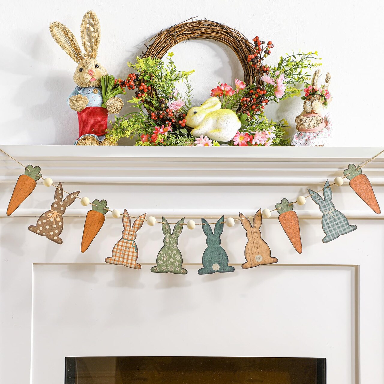 8.2 ft Heart Garland Valentine Pink Wooden Hearts Banner Rustic Farmhouse Wood Beads Garland Cute Romantic Love Banner for Fireplace Mantel Wall(Rabbit,Multicolor)